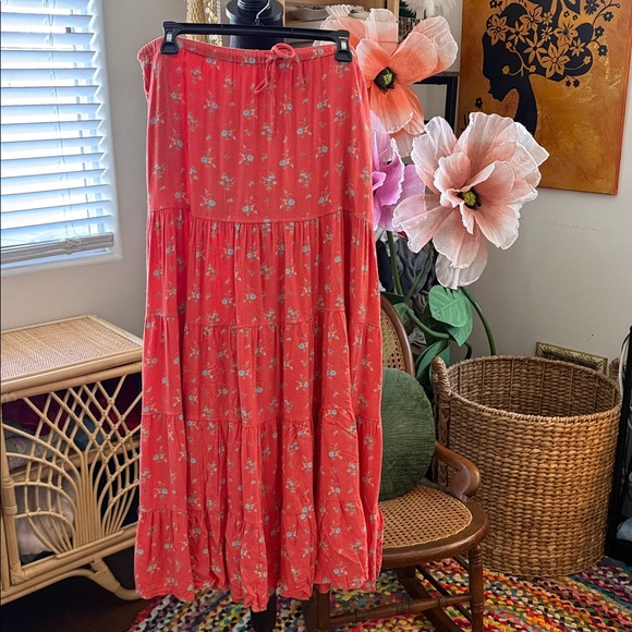 Free People Dresses & Skirts - Free People Nova Guava Coral Combo Floral Elastic Waist Tiered Maxi Skirt